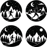 Night running scenes with silhouette figures in mountain forest landscape vector