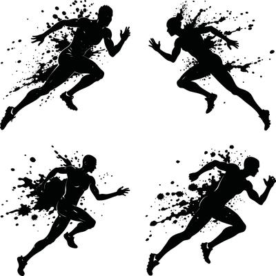 Illustration of sprinters running with ink splatter effect on white background