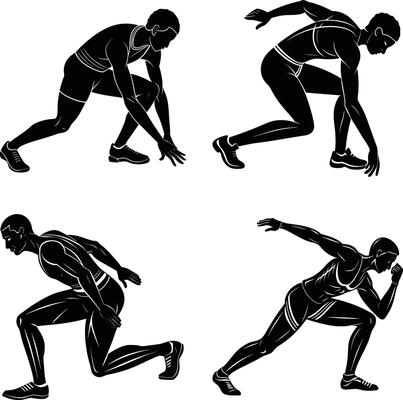 Runner starting positions illustration set black and white athletic stages