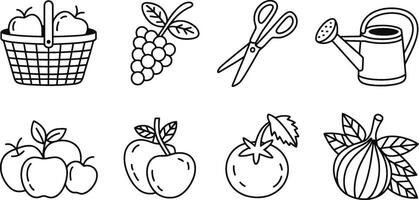 Garden and fruit outline icon set basket grapes scissors watering can design vector