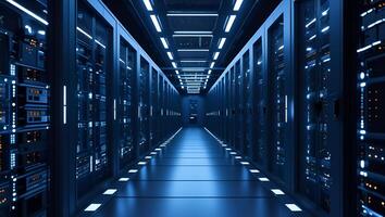 A long hallway in a data center with many servers photo