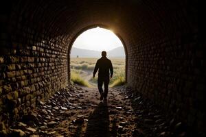 Man Walking Towards Light at End of Stone Tunnel Hope Freedom Journey photo