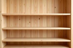 Empty Wooden Shelves Light Pine Bookcase Rustic Interior Design Display Background photo