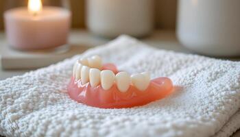 Partial Denture on Soft White Towel Close Up View with Blurred Background photo
