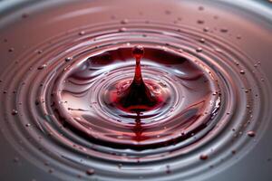 Red Liquid Drop Impacting Surface Creating Concentric Ripples and Reflections photo