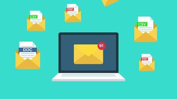 animation email notification on laptop.email with counter social media concept.animated email on laptop showing lots document video