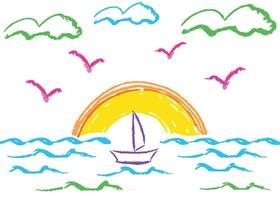 Sunset sailing boat on the ocean, of a summer travel yacht on the water with clouds and a distant mountain landscape vector