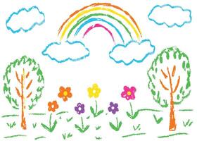 A vibrant of a summer landscape with a set of colorful rainbow trees, clouds, and butterflies under a blue sky vector