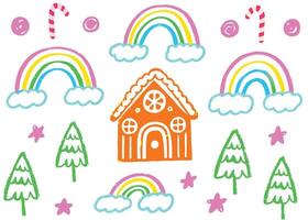 Colorful cartoon of a rainbow house in a summer sky with clouds and a tree vector