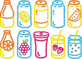 A cartoon set of different kinds of fruit juice, milk, and tea drinks in glass jars, bottles, and cups, perfect for breakfast food labels vector
