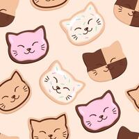 Biscuits in a shape of cat heads seamless pattern, background. Cute funny smiling cat faces, kawaii cartoon style drawings vector