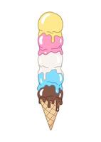 Funny ice cream cone with a pyramid, stack, pile of melting ice cream balls. Cartoon style illustration, drawing vector
