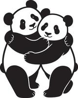 Two pandas hugging cute black design, Loving panda hug minimal illustration vector