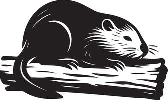 Muskrat resting on log silhouette, Black and white muskrat minimal design vector
