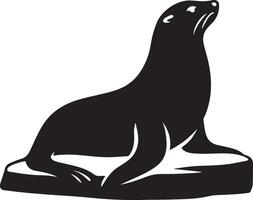 Seal resting on rock silhouette design, Marine animal black and white flat artwork vector