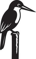 Kingfisher on post black silhouette, Minimal bird perched clean outline vector