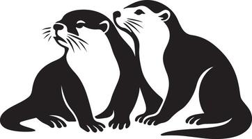 Two otters silhouette in clean black style, Pair of animals aquatic life sketch vector