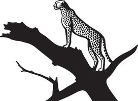 Cheetah perched on tree silhouette design, Wild feline on branch black outline vector