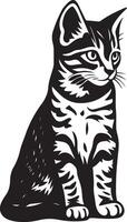 Sitting kitten black and white artwork, Elegant kitten pose in black silhouette vector