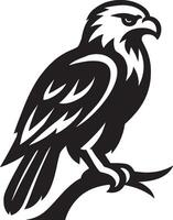 Raptor bird silhouette on tree branch, Predatory bird black and white perched view vector