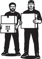 Movers carrying boxes design, teamwork in motion silhouette vector
