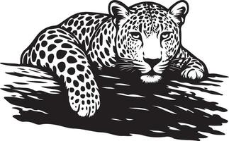 Leopard resting on log silhouette art, Wild cat animal in relaxed pose vector