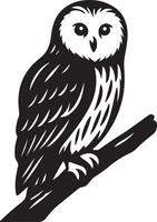 Owl on branch black white silhouette, Elegant owl resting tree pose vector
