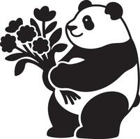 Panda giving bouquet sweet black art, Gift giving panda with flower bunch vector