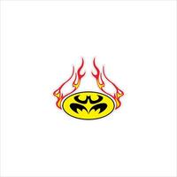 Bold yellow and black bat symbol inside an oval frame surrounded by red flames on a white background. vector