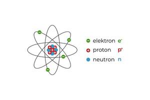 illustration of atom with nucleus, electron, neutron, proton and their symbols vector