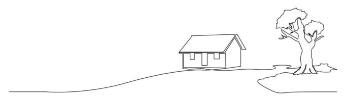 Simple continuous line drawing of a peaceful rural landscape featuring a house and a large tree vector