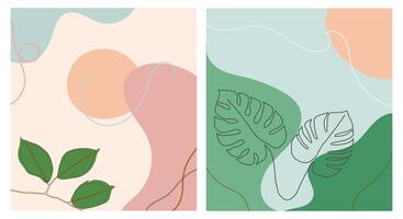 Modern botanical illustration of continuous line leaf drawing with soft pastel abstract shapes. Perfect for contemporary wall art, prints, greeting cards etc. vector