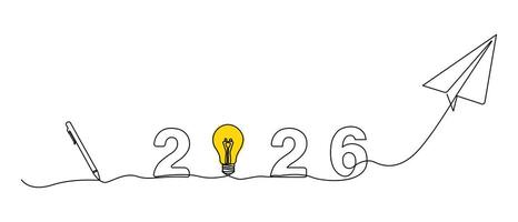 A one line illustration 2026 combined with symbolic elements of a pen, a yellow light bulb idea, and a paper airplane. Future planning, and the spirit of the new year vector