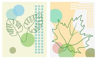 Modern botanical background featuring abstract leaves with a single line combined with colorful geometric shapes. Wall decor, posters, greeting cards etc. vector