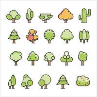 Flat Line Art Tree Type Forest Element Nature Icon Set vector