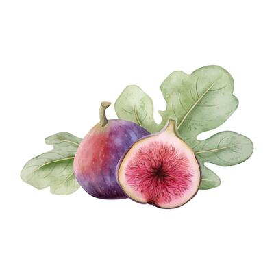 Hand drawn figs tree fruits with leaves watercolor illustration in realistic style. Ripe purple summer berries