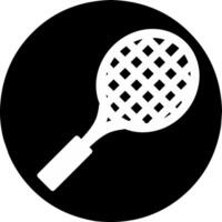 Line art illustration of a tennis racket with tight, crisscrossed strings and a comfortable grip handle. Black icon. vector