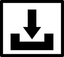 A simple black download or install icon in the form of a downward arrow and a black line as a sign that the file or document has been downloaded. With square black frame. vector