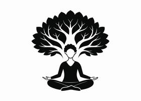 Silhouette of a person meditating in a lotus position with a tree representing growth and mindfulness vector