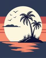 Tropical island sunset scene with palm trees and ocean reflection in a retro style vector