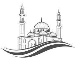 Elegant line art illustration of a mosque with minarets and domes design vector