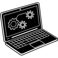 Black and white laptop displaying gear icons representing technology and engineering concepts vector