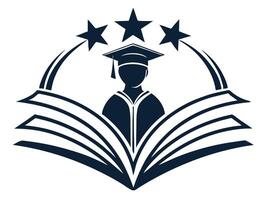 Silhouette of a graduating student above an open book with shooting stars indicating academic success vector