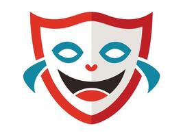 A colorful illustration of a smiling theatrical mask with vibrant red and blue details on white vector