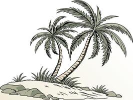 Tropical beach scene illustrating two palm trees on a sandy shoreline in a style vector