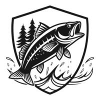 Illustrated black and white logo featuring a jumping fish within a shield emblem design vector