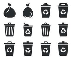 Collection of Trash Can and Garbage Bag Icons for Waste Management and Recycling vector
