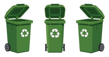 Three Green Recycling Bins with Open and Closed Lids for Waste Disposal and Recycling Programs vector