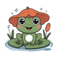 Adorable Cartoon Frog Under a Lily Pad Sitting on a Lily Pad in a Pond vector