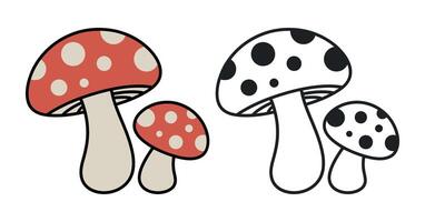 Cute Cartoon Mushrooms Illustration Set Two Large and Two Small Mushrooms with Red and Black Dots vector